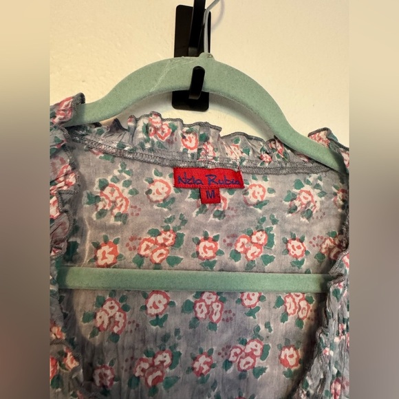 Nila Rubia Indian Cotton Crinkle Gauze Floral Midi Dress Bell Sleeve Medium EUC - Picture 3 of 8